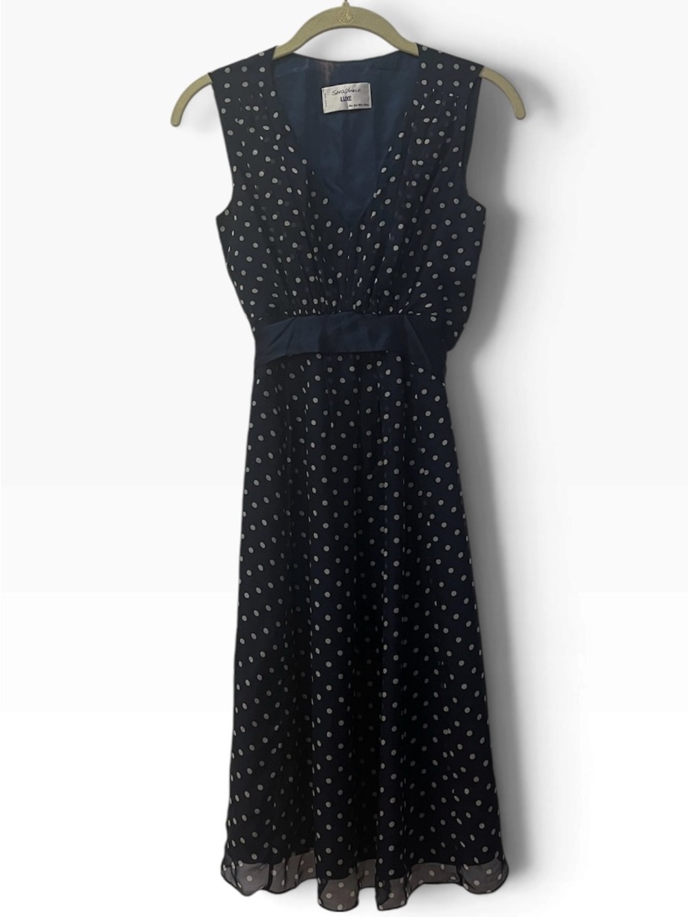 Seraphine LUXE Cassandra 100% Silk Navy Polka Dot Maternity Dress US Size 2